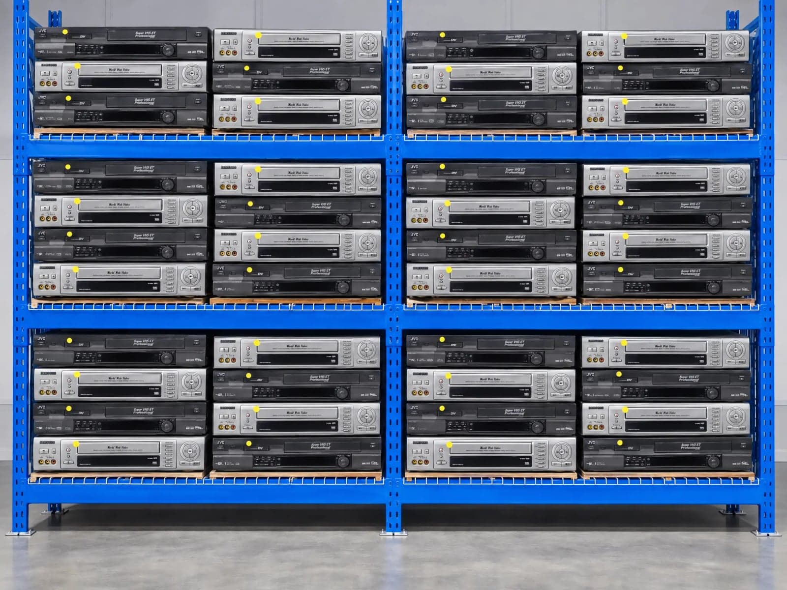 Rows of professional video decks racked in the VCR Supply equipment warehouse