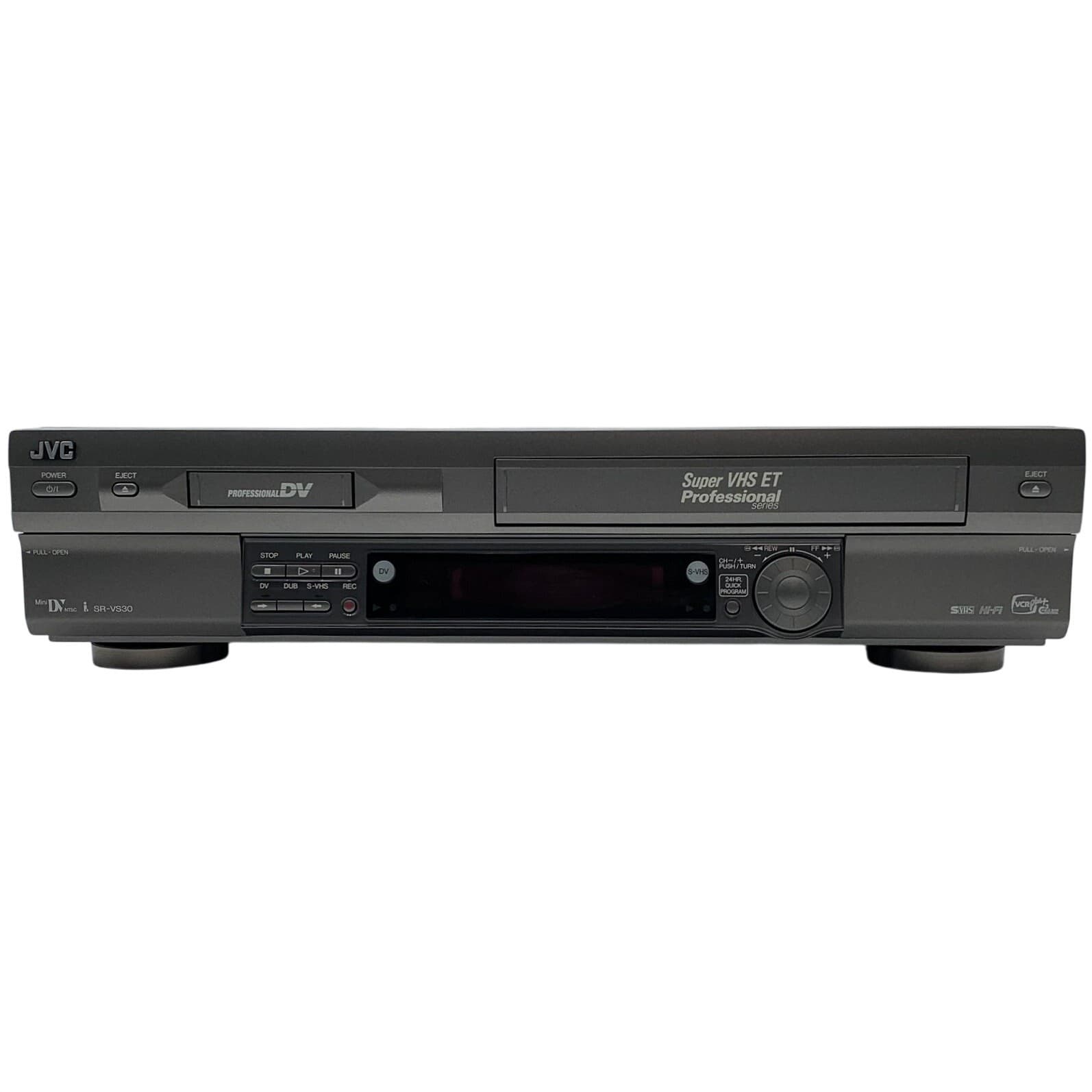 A refurbished JVC SR-VS30U deck on the VCR Supply service bench
